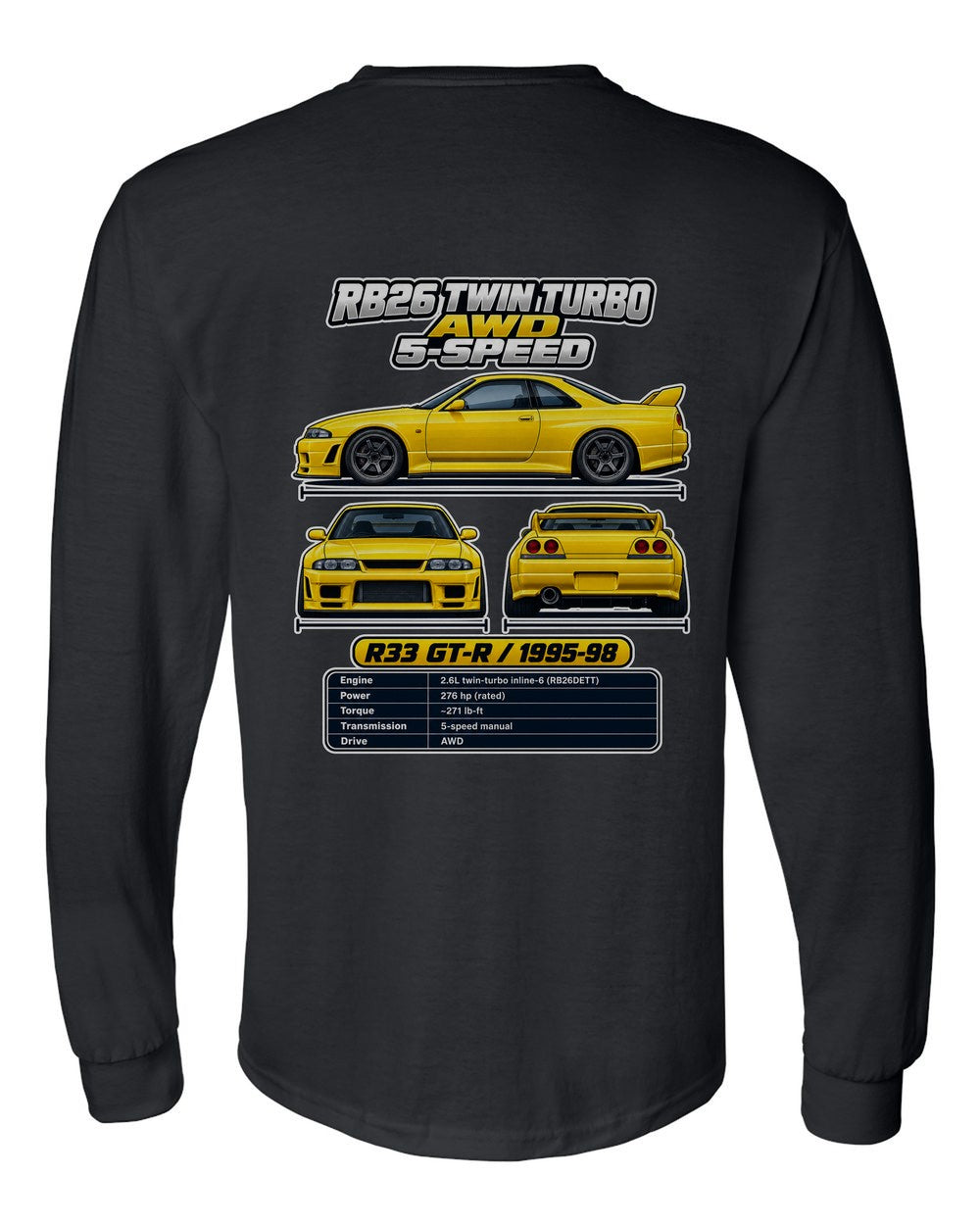 Nissan Skyline Gt R R33 spec sheet black long sleeve back view with the design