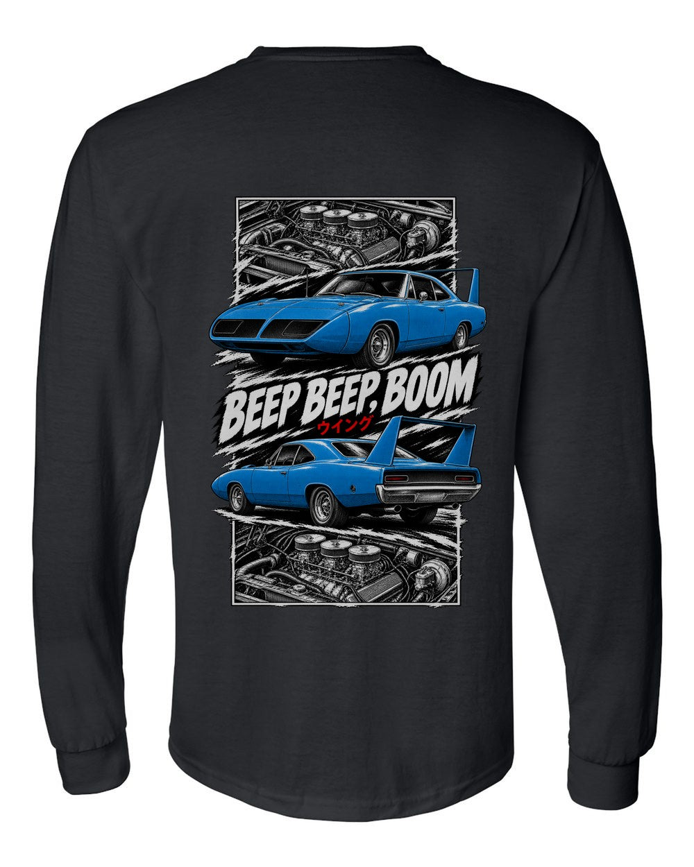 Plymouth Superbird torn poster black long sleeve back view with the design