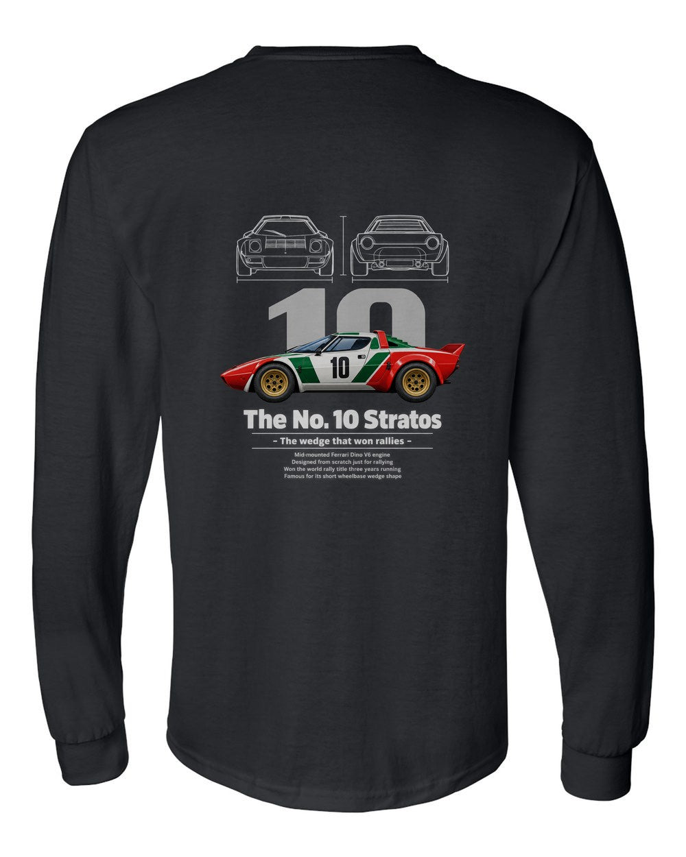 No. 10 Stratos black long sleeve back view with the design