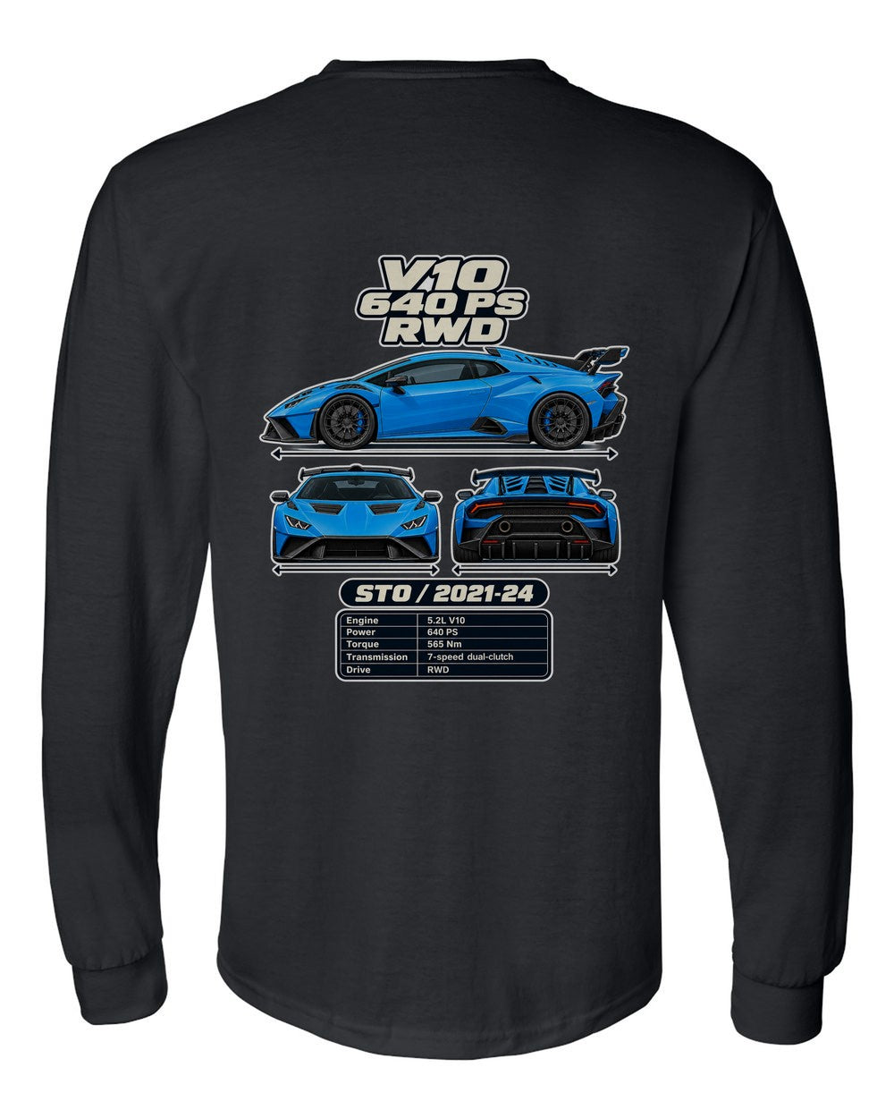 Lamborghini Huracan Sto spec sheet black long sleeve back view with the design