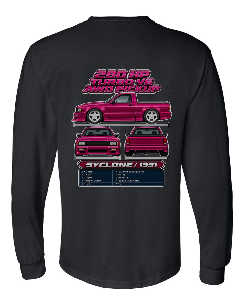 GMC Syclone spec sheet black long sleeve back view with the design