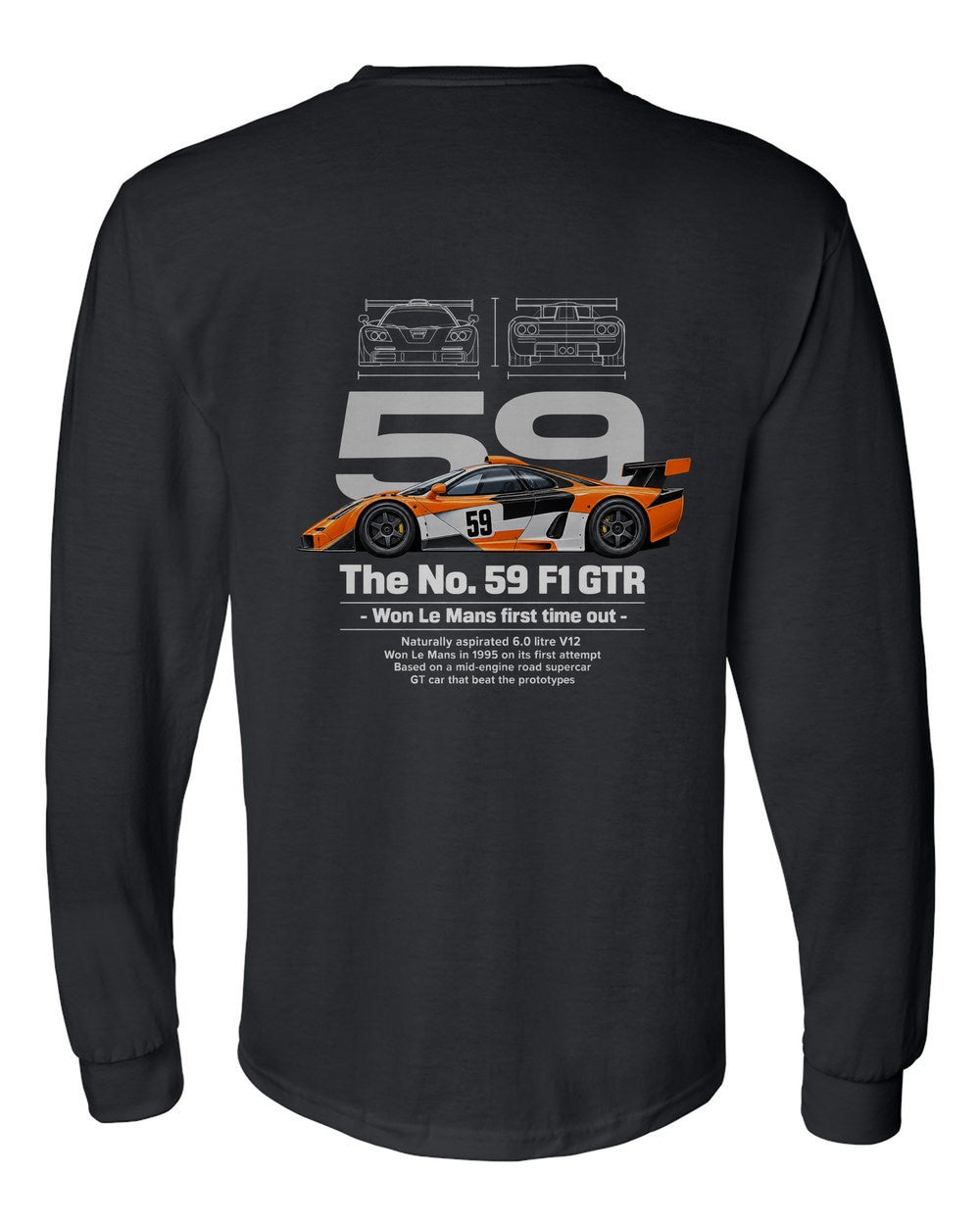 No. 59 F1 GTR black long sleeve back view with the design