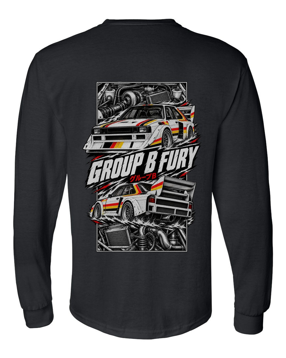 Audi Sport Quattro S1 torn poster black long sleeve back view with the design