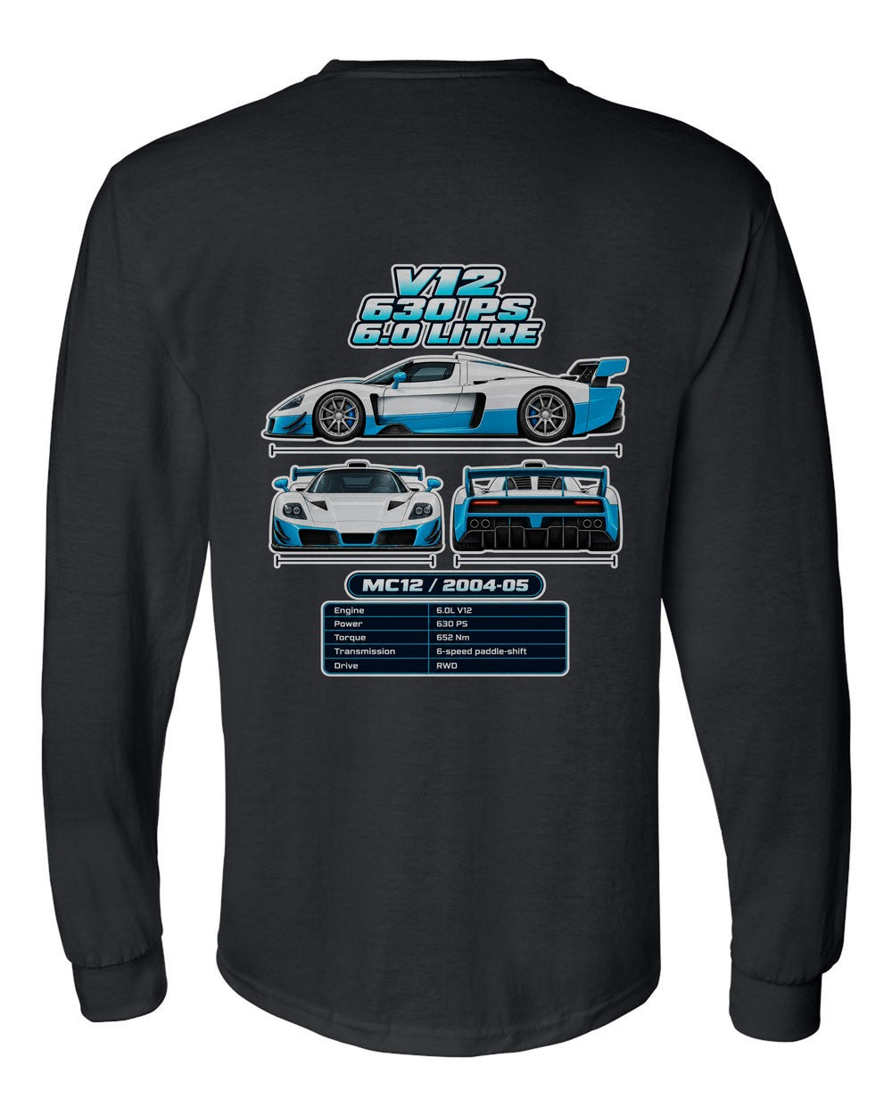 Maserati Mc12 spec sheet black long sleeve back view with the design