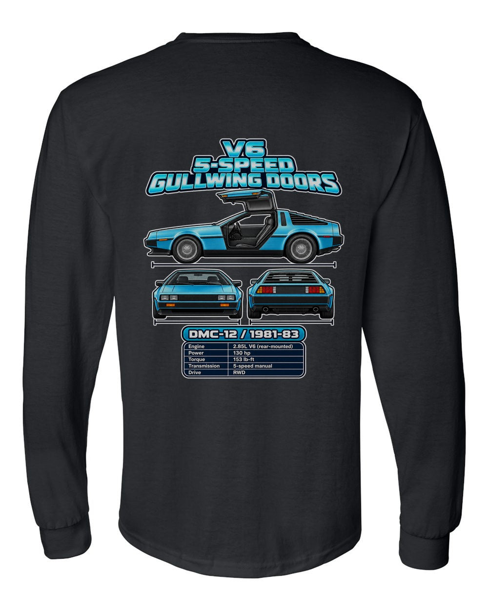 Delorean Dmc 12 spec sheet black long sleeve back view with the design