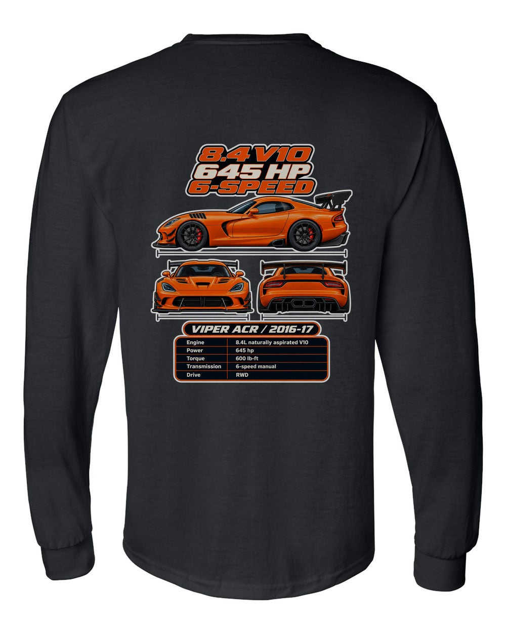 Dodge Viper Acr spec sheet black long sleeve back view with the design