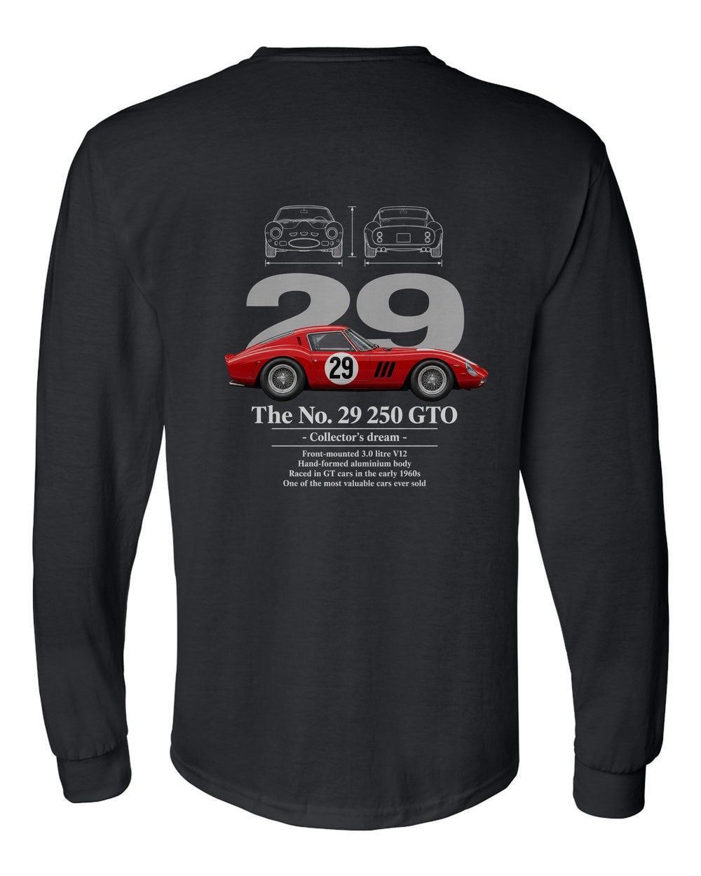 No. 29 250 GTO black long sleeve back view with the design