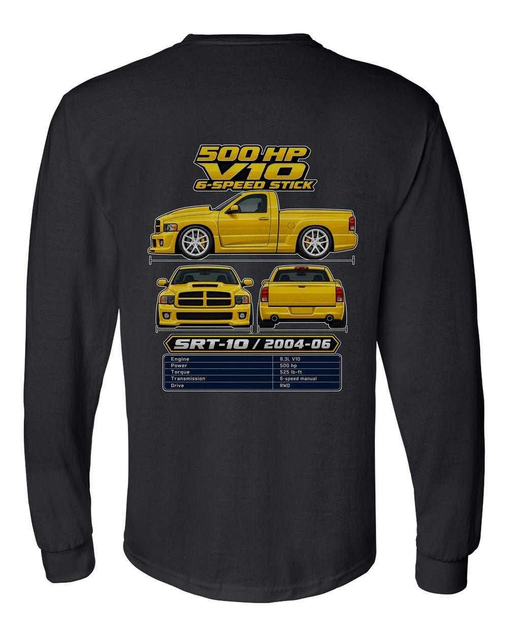 Dodge RAM Srt10 spec sheet black long sleeve back view with the design