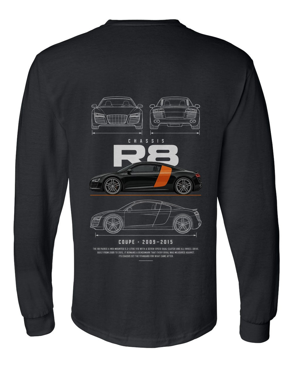 R8 full-back artwork black long sleeve back view with the design