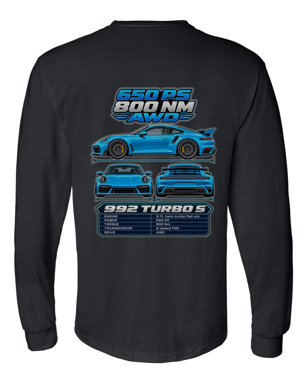 Porsche 911 Turbo S 992 spec sheet black long sleeve back view with the design