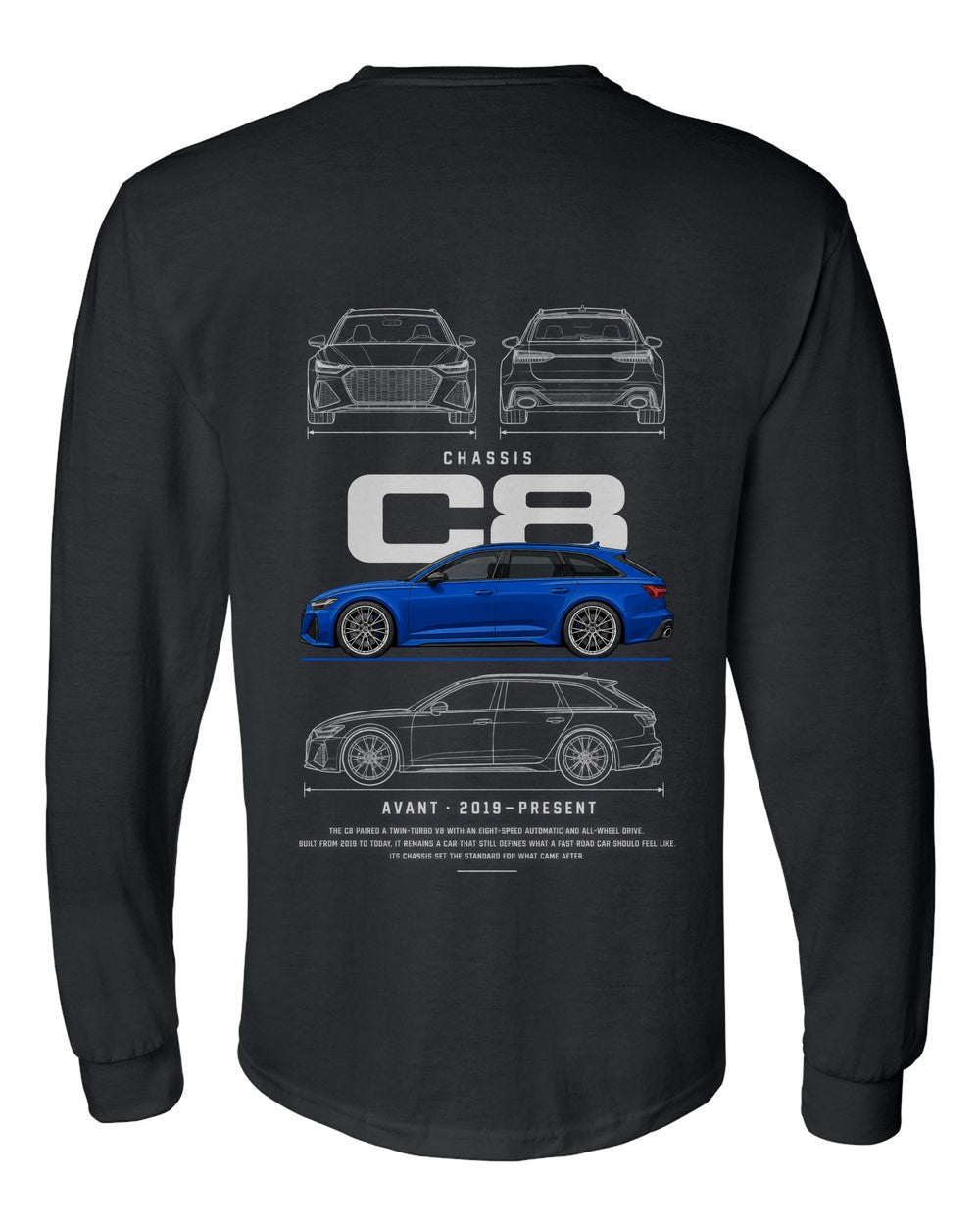 C8 full-back artwork black long sleeve back view with the design
