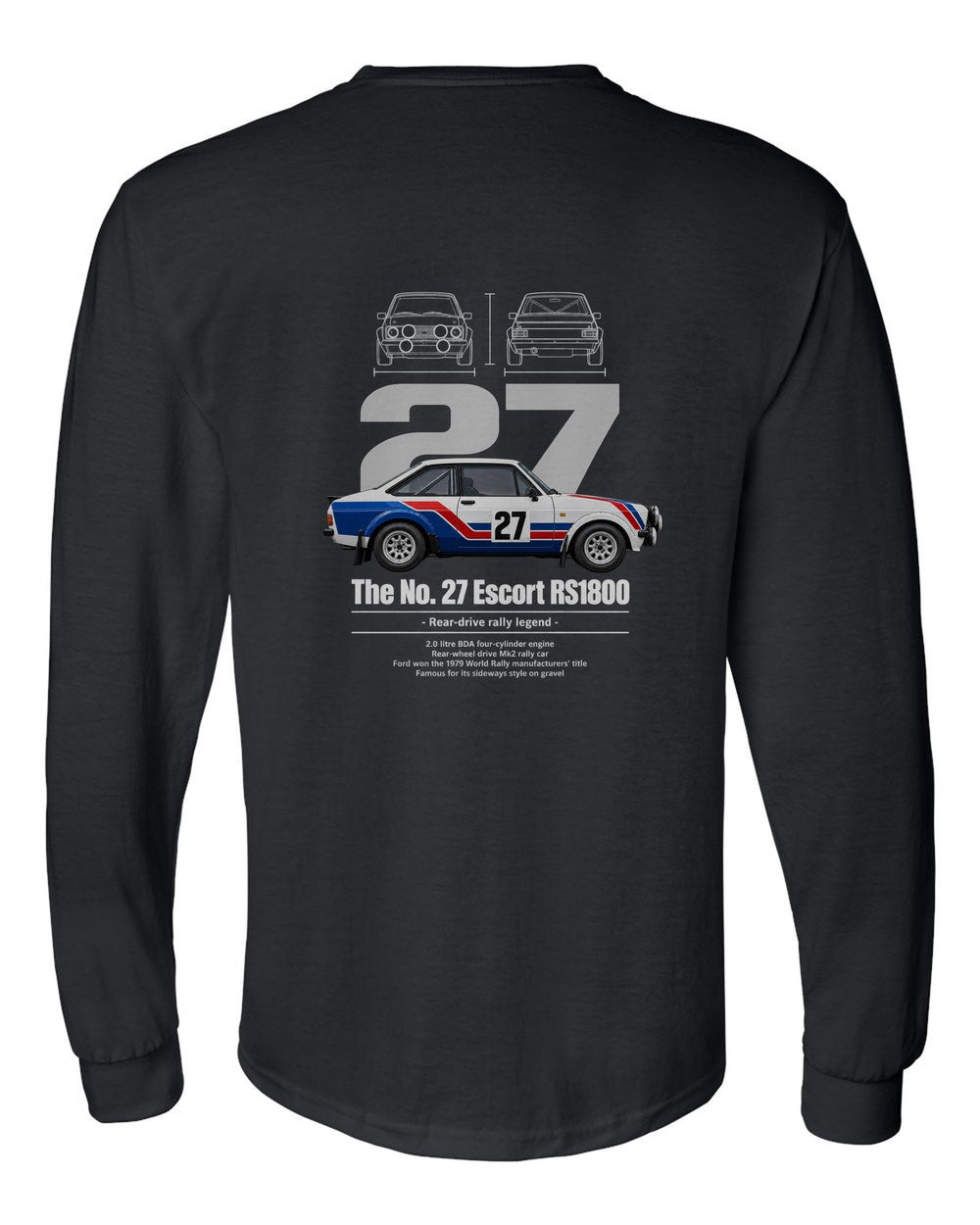 No. 27 Escort RS1800 black long sleeve back view with the design