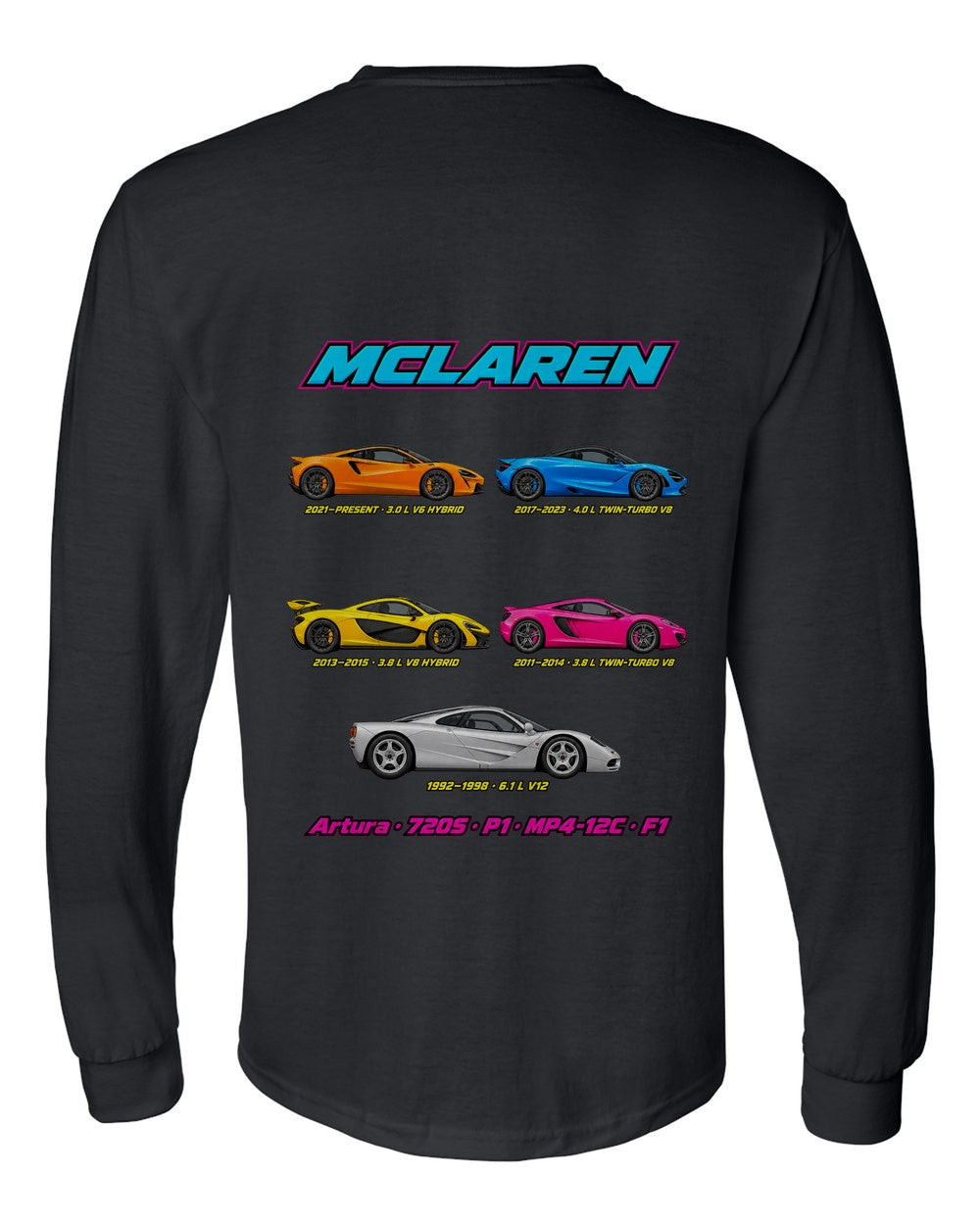Mclaren Supercars evolution poster black long sleeve back view with the design