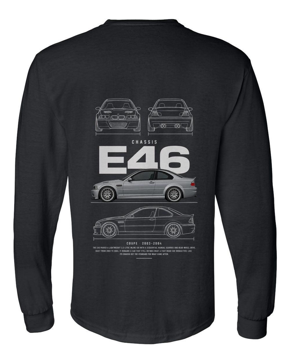 E46 full-back artwork black long sleeve back view with the design