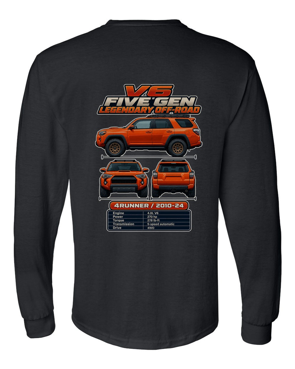 Toyota 4Runner TRD spec sheet black long sleeve back view with the design