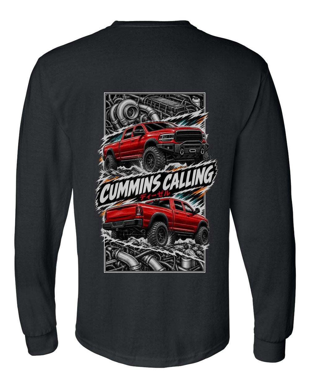 RAM Cummins torn poster black long sleeve back view with the design