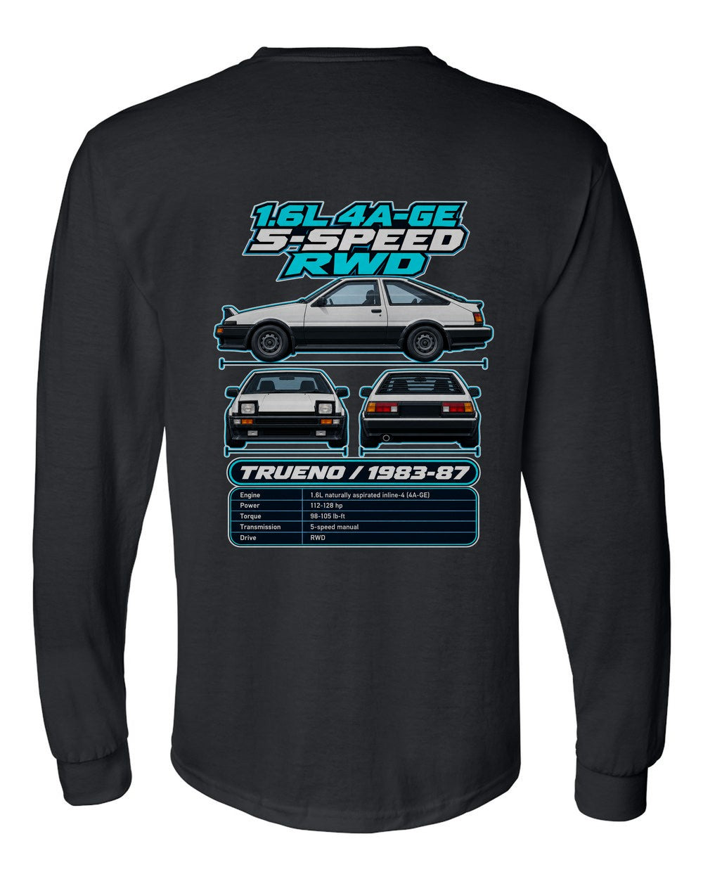 Toyota Ae86 Sprinter Trueno spec sheet black long sleeve back view with the design