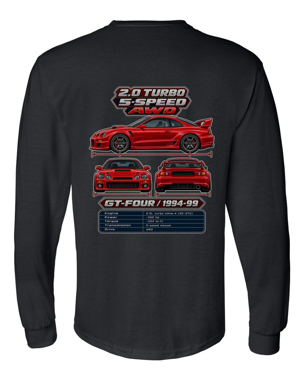 Toyota Celica Gt Four St205 spec sheet black long sleeve back view with the design