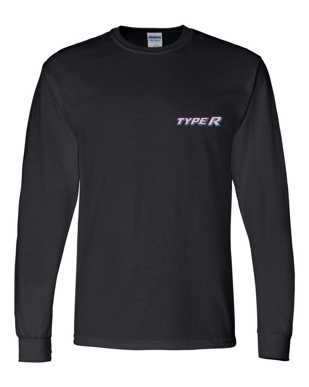 black long sleeve front view with car name on pocket