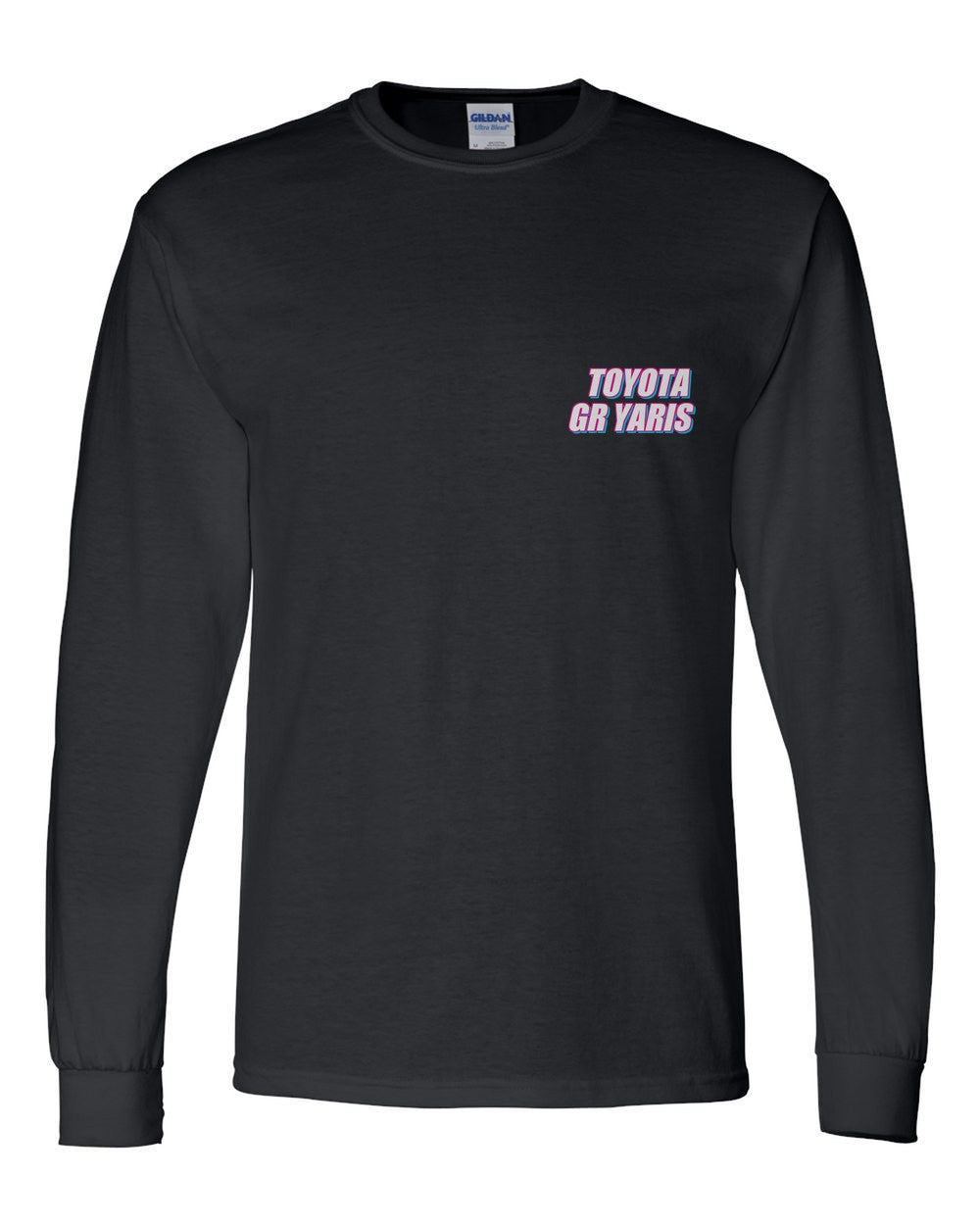 black long sleeve front view with car name on pocket