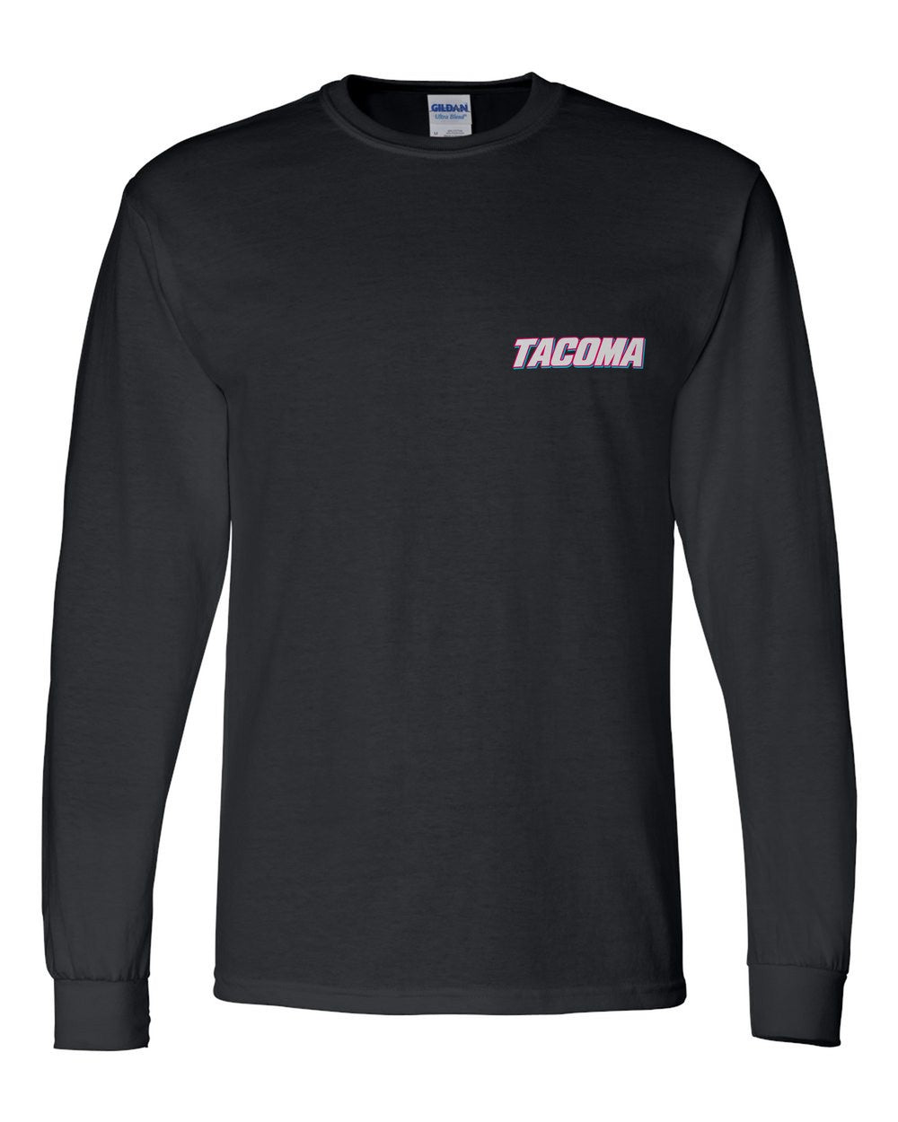 black long sleeve front view with car name on pocket