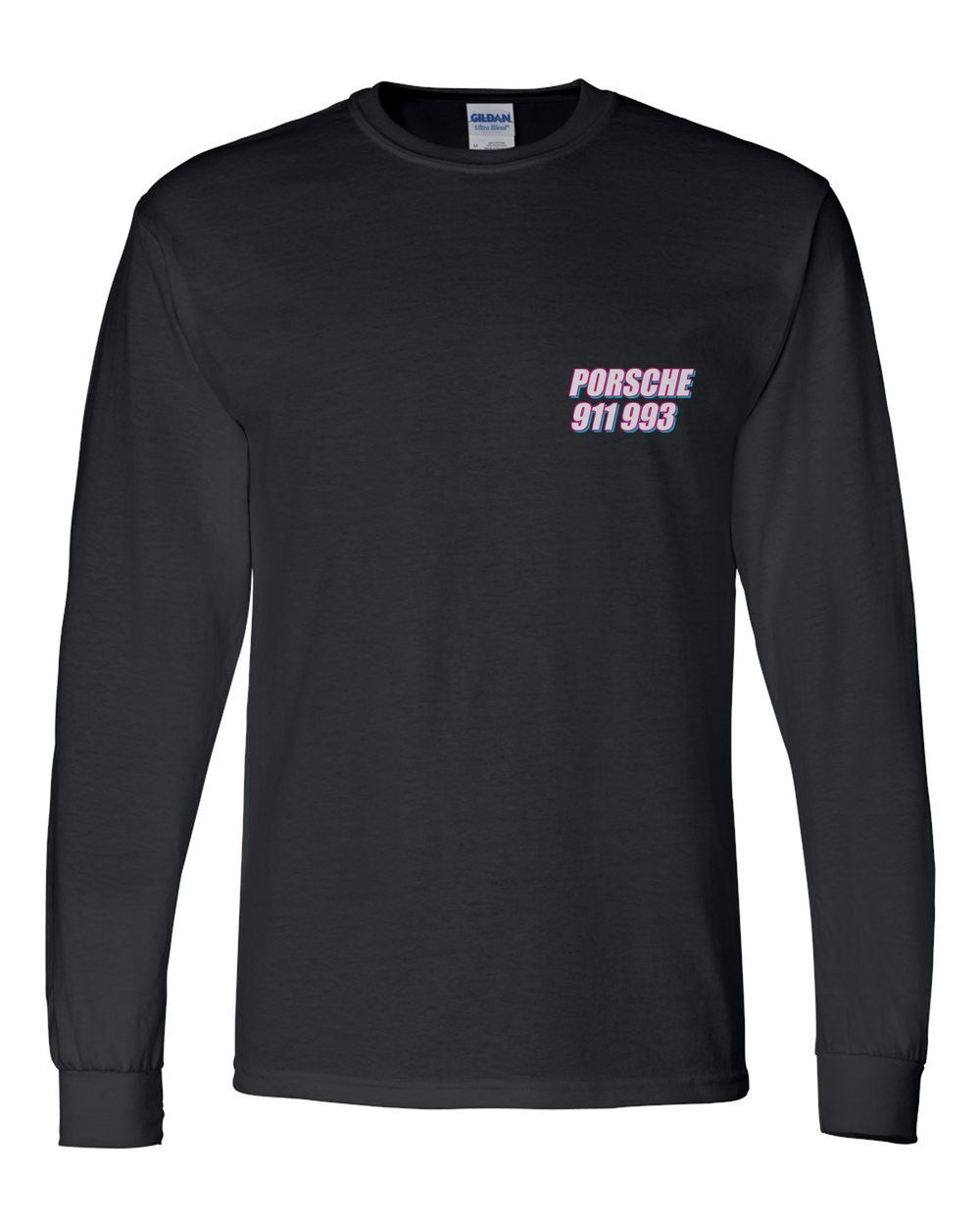 black long sleeve front view with car name on pocket