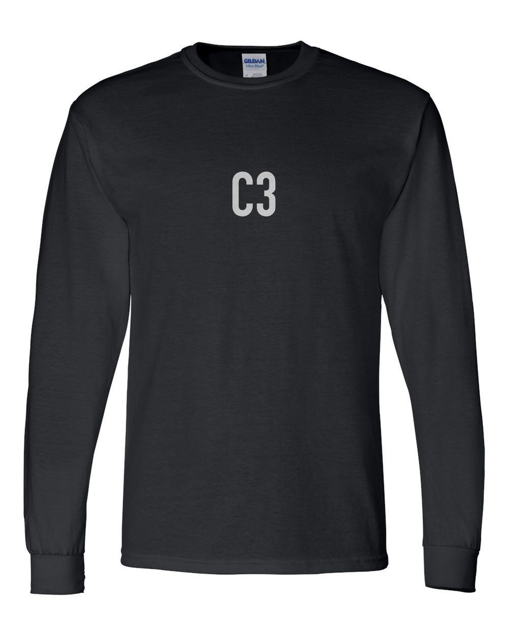 black long sleeve front view with small code mark
