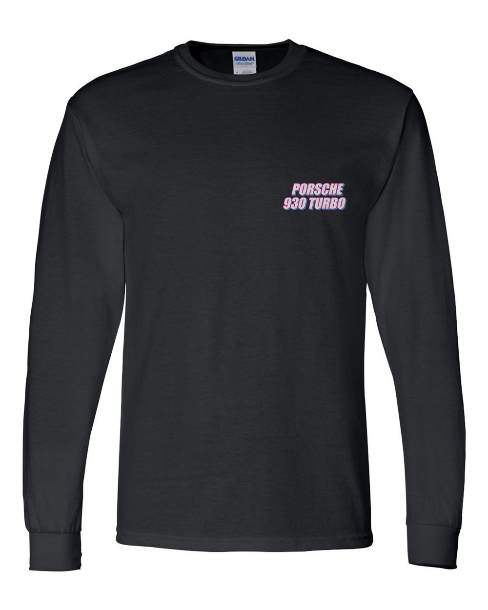 black long sleeve front view with car name on pocket