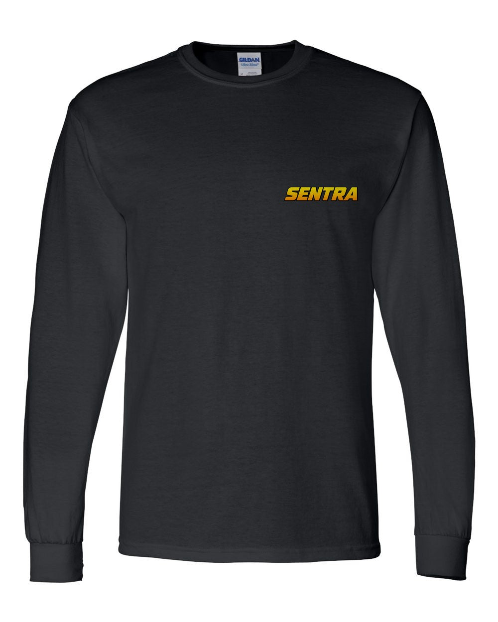 black long sleeve front view with car name on pocket
