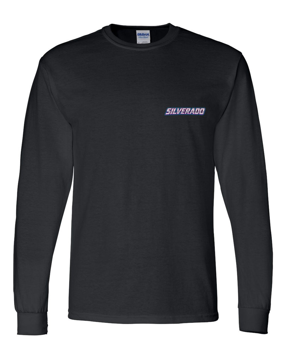 black long sleeve front view with car name on pocket
