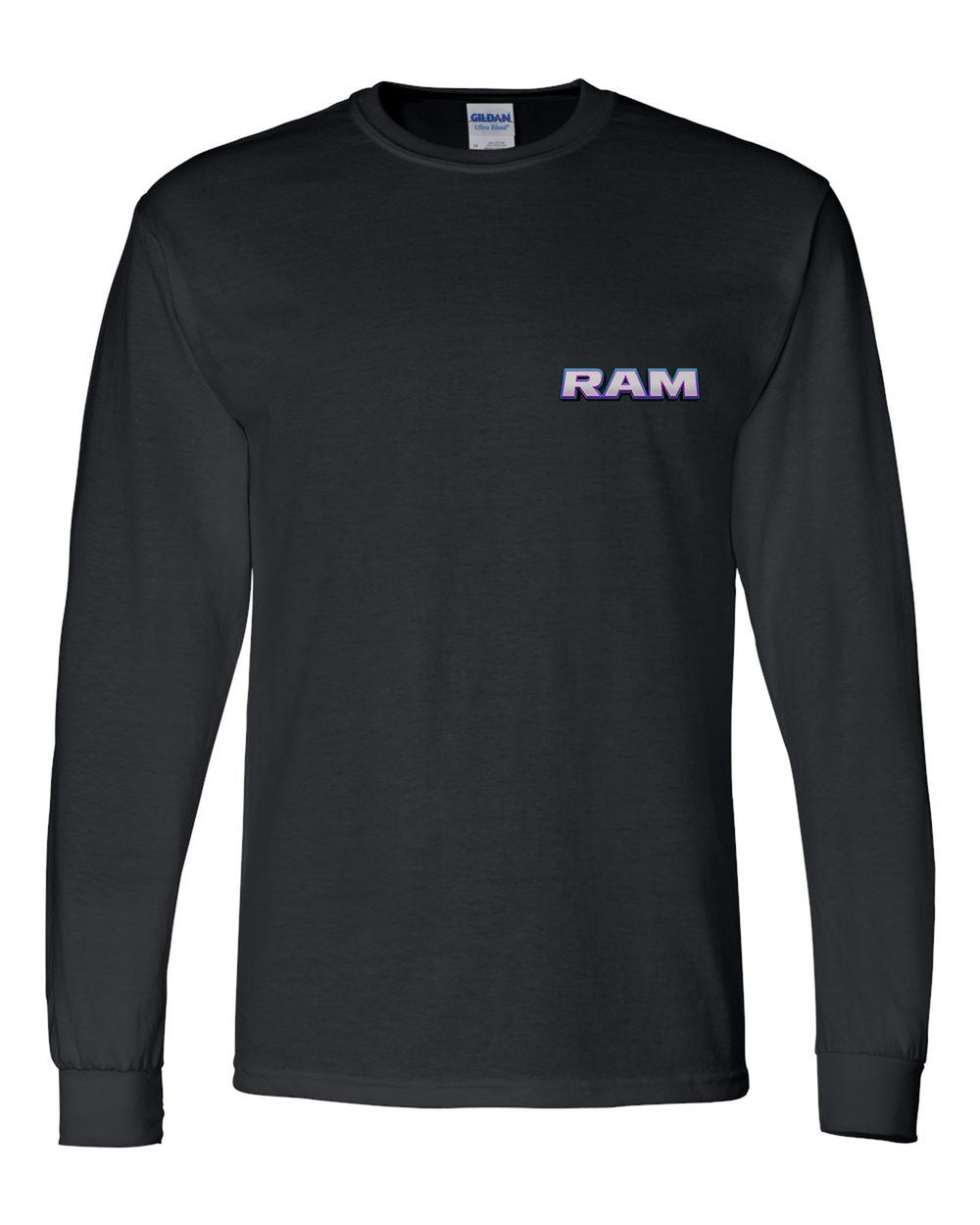 black long sleeve front view with car name on pocket