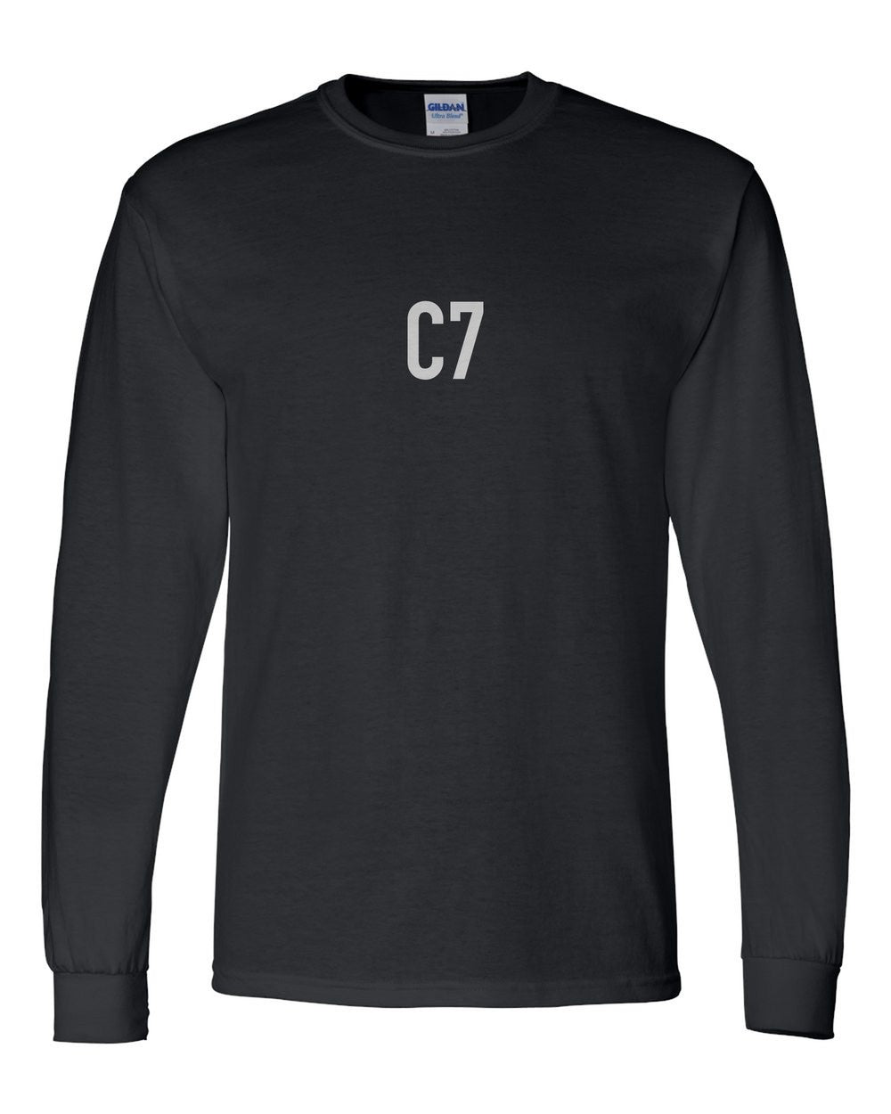 black long sleeve front view with small code mark