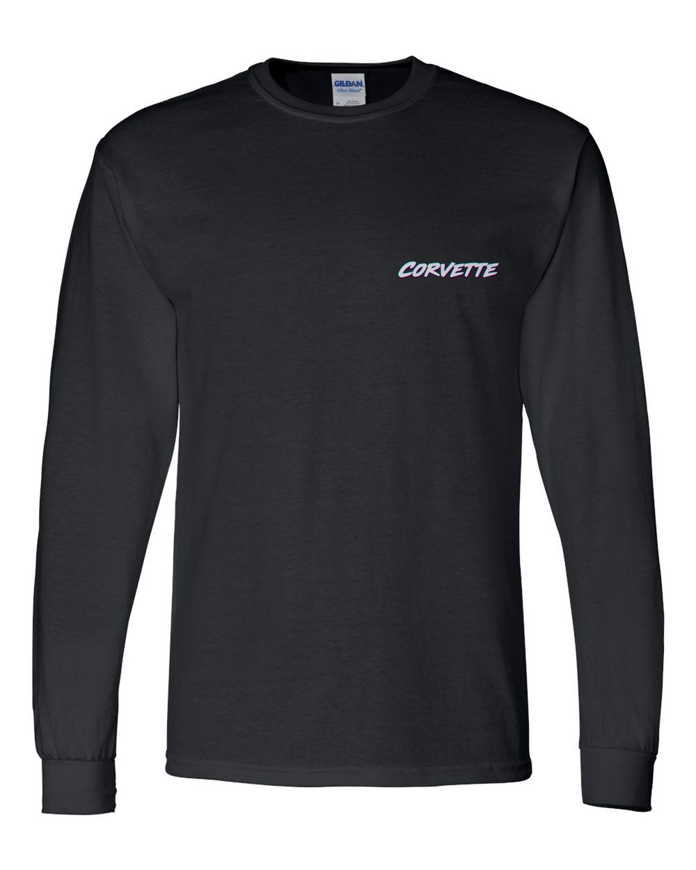 black long sleeve front view with car name on pocket