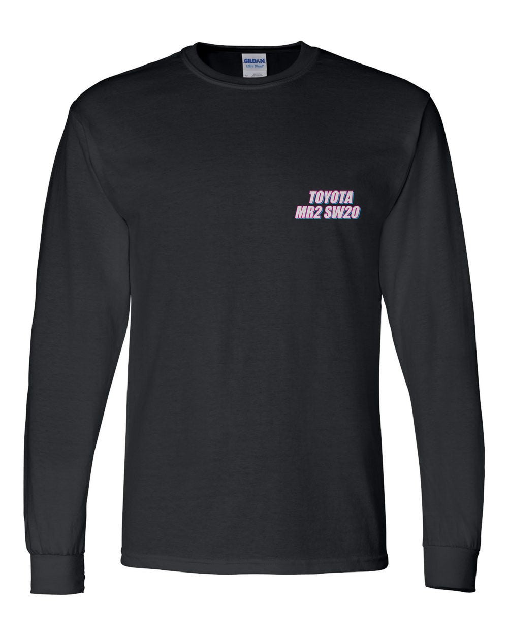 black long sleeve front view with car name on pocket