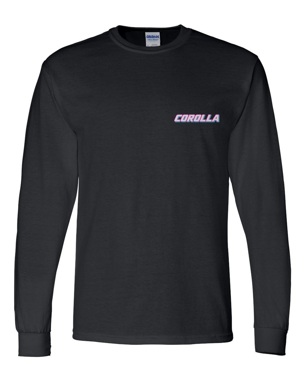 black long sleeve front view with car name on pocket