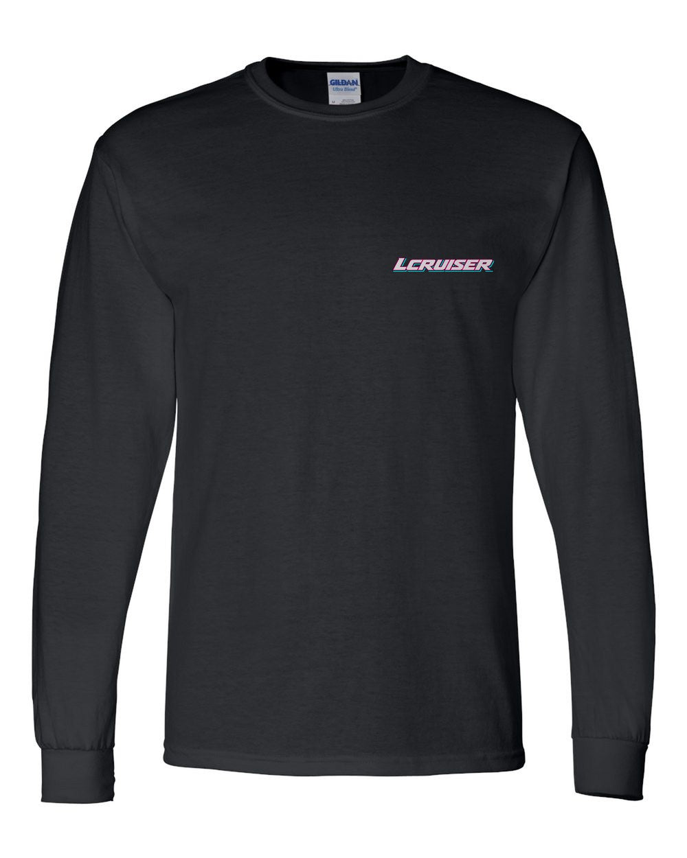 black long sleeve front view with car name on pocket