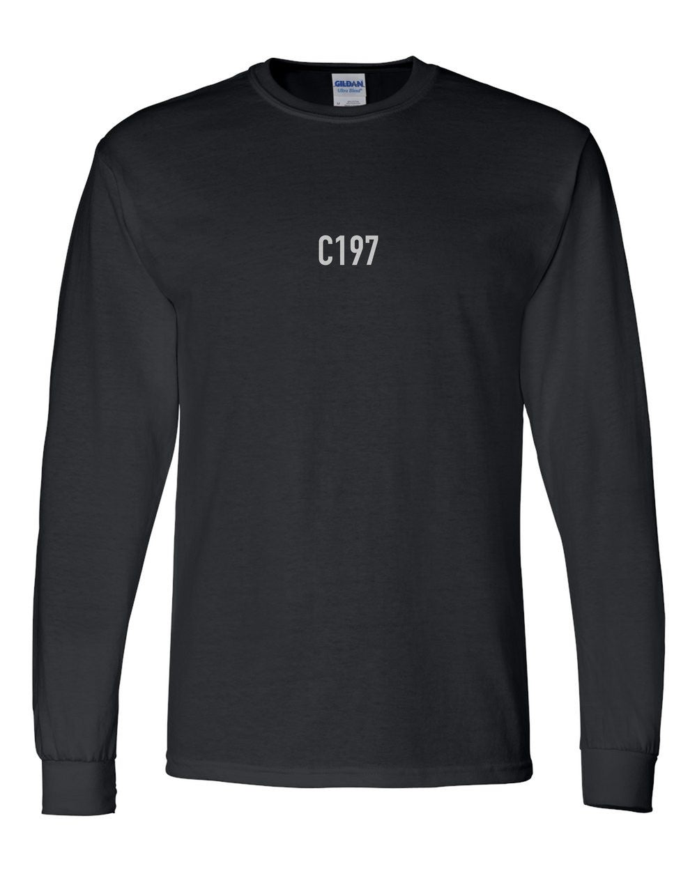 black long sleeve front view with small code mark