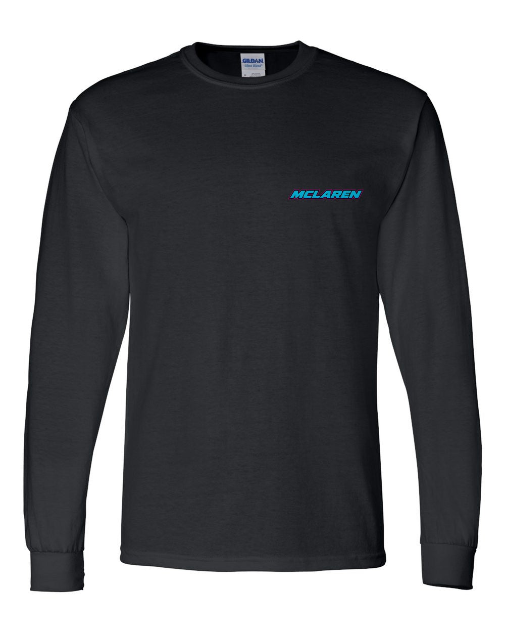 black long sleeve front view with car name on pocket