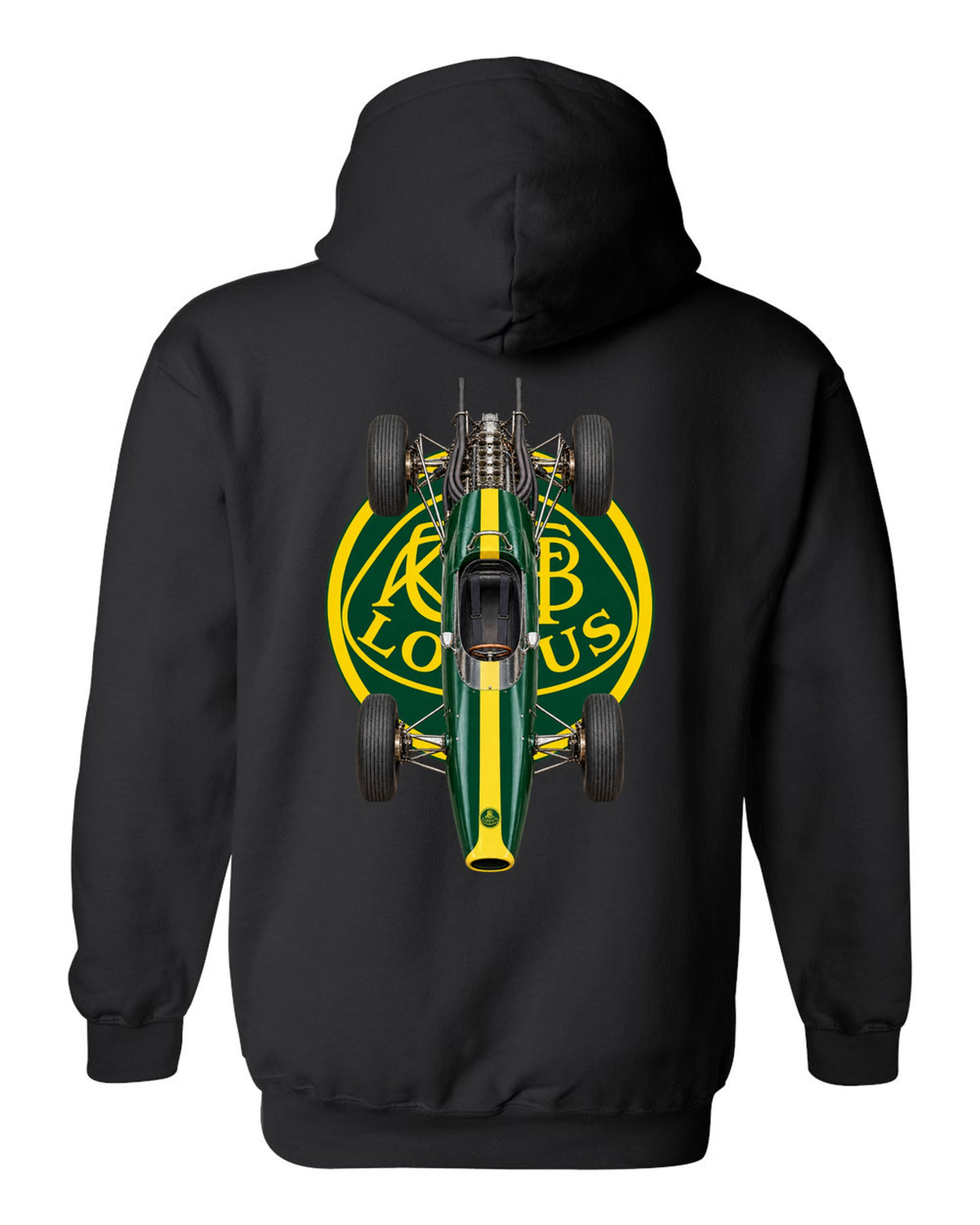 Lotus 25 1963 Formula 1 overhead poster artwork black pull over hoodie back view with the design