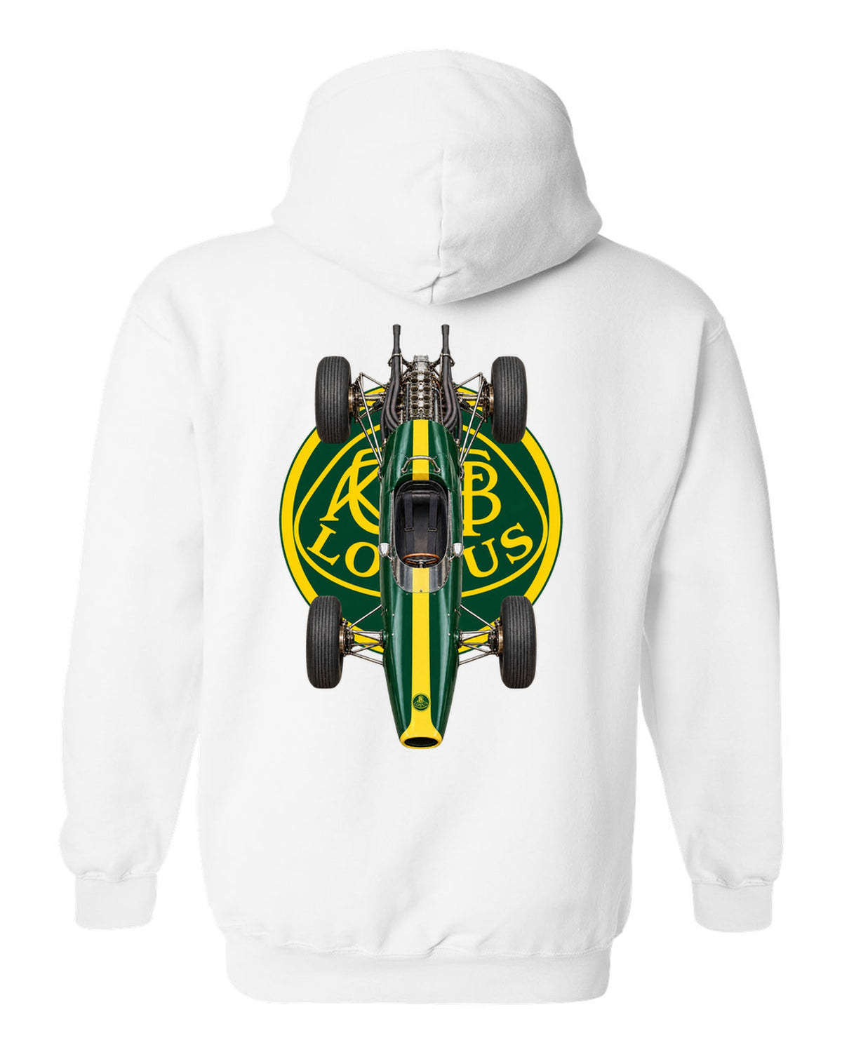 Lotus 25 1963 Formula 1 overhead poster artwork white pull over hoodie back view with the design