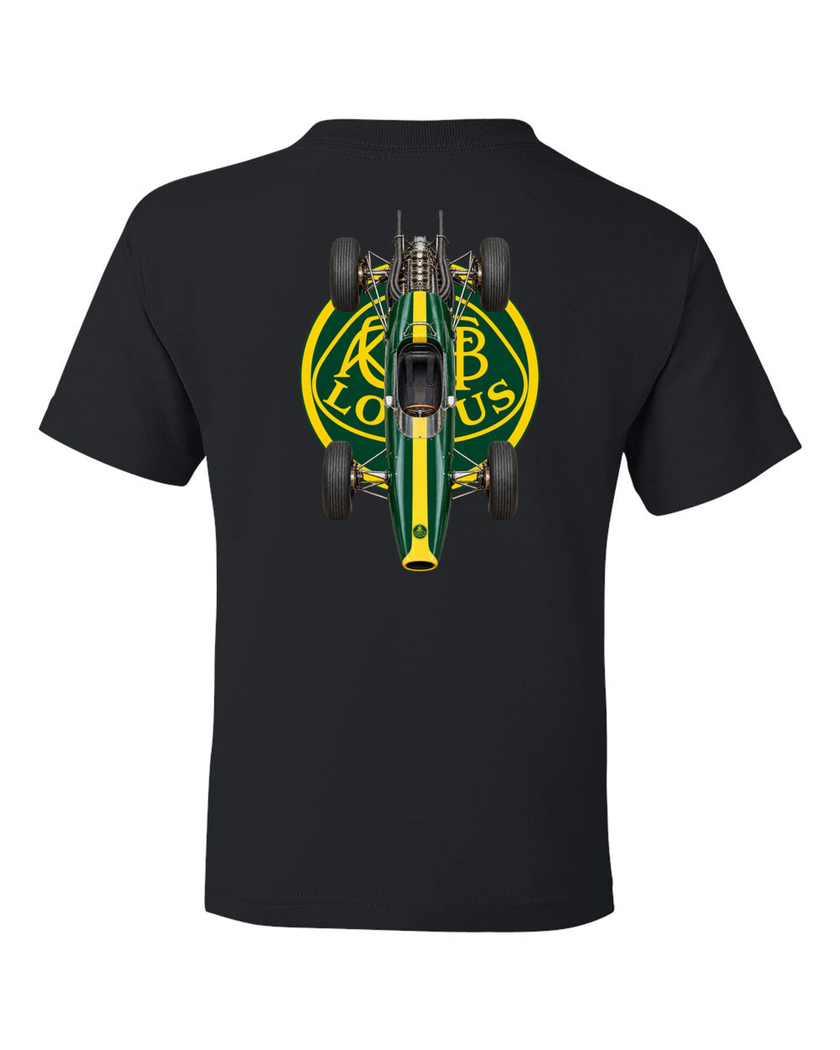 Lotus 25 1963 Formula 1 overhead poster artwork black kids tee back view with the design