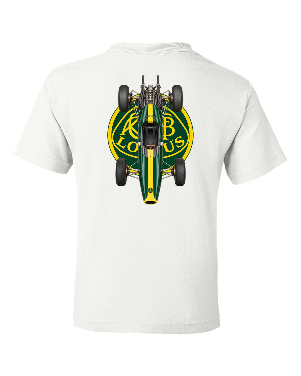 Lotus 25 1963 Formula 1 overhead poster artwork white kids tee back view with the design