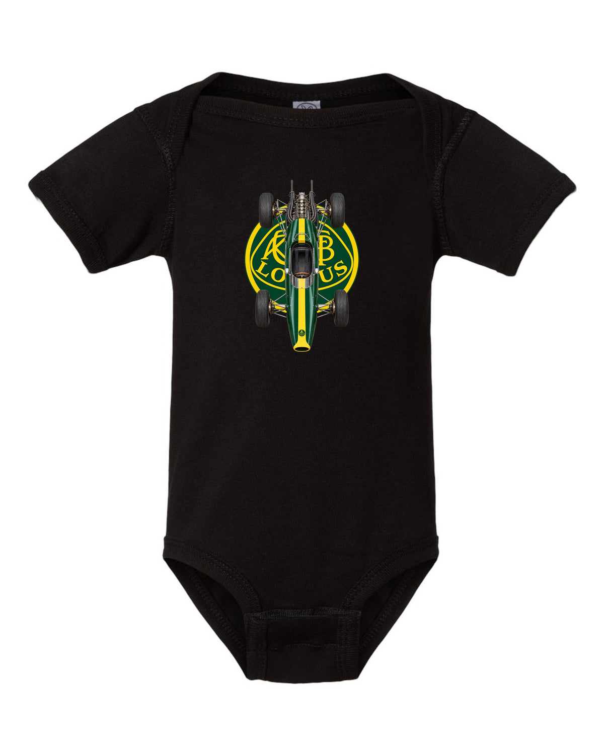 Lotus 25 1963 Formula 1 overhead poster artwork black baby onesie front view with the design