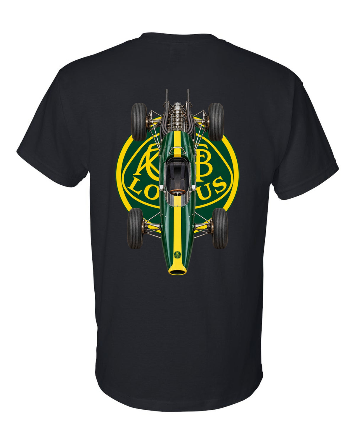 Lotus 25 1963 Formula 1 overhead poster artwork black t-shirt back view with the design