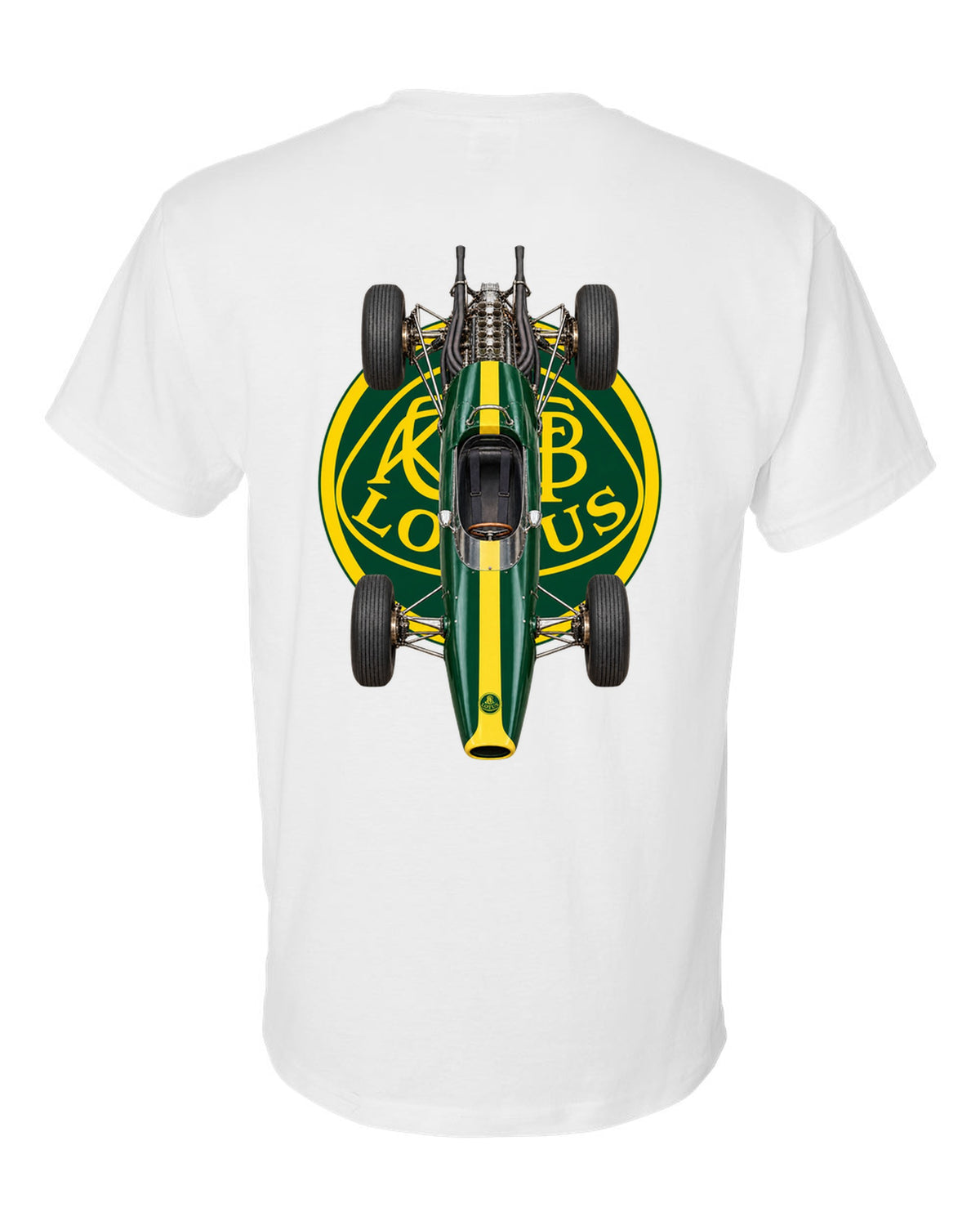 Lotus 25 1963 Formula 1 overhead poster artwork white t-shirt back view with the design