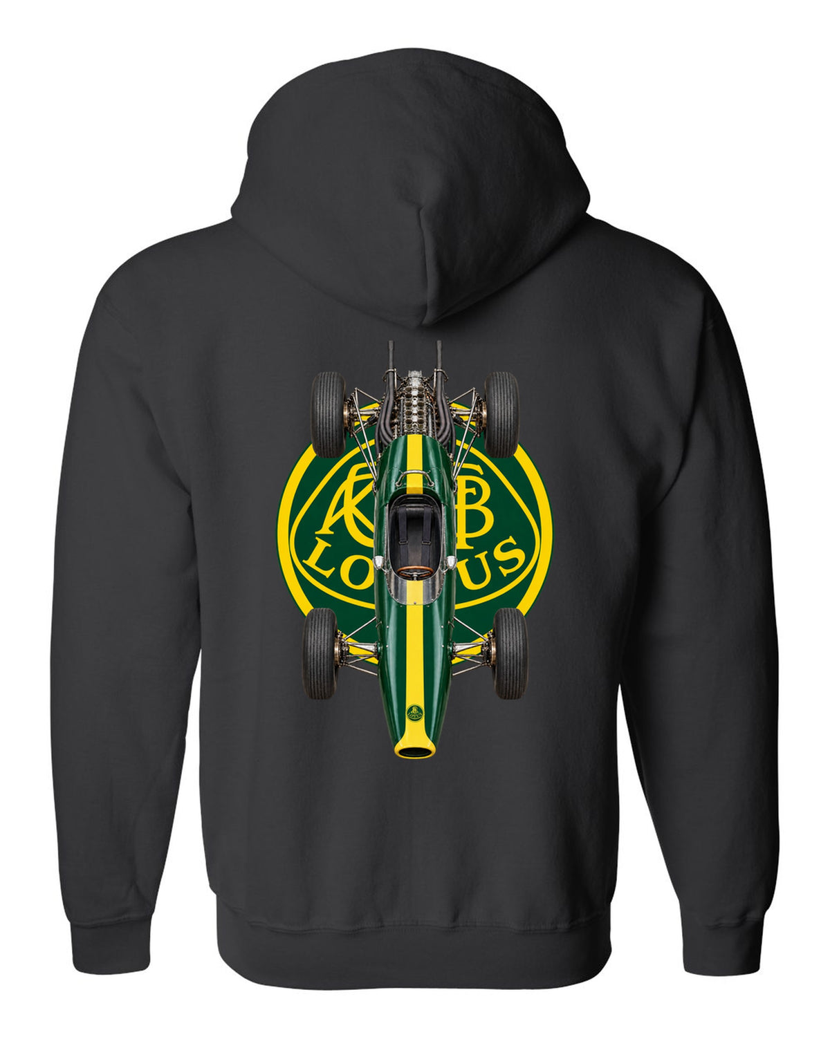 Lotus 25 1963 Formula 1 overhead poster artwork black zip hoodie back view with the design