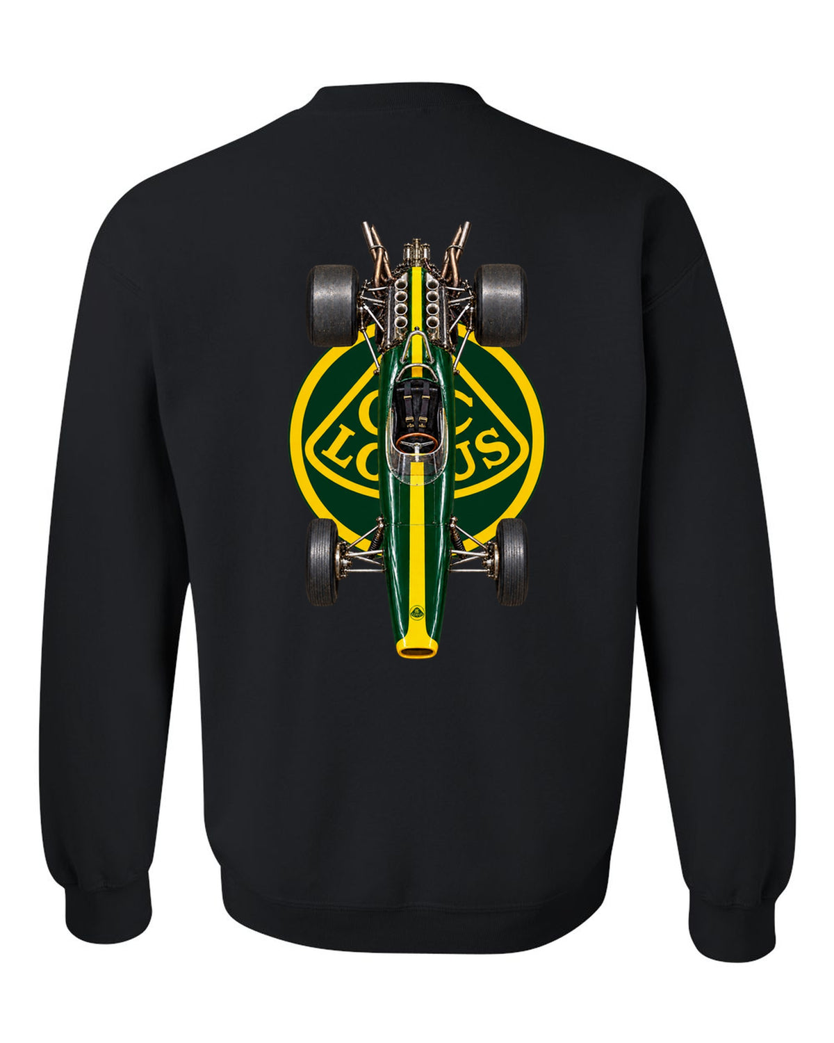 Lotus 49 1967 Formula 1 overhead poster artwork black crewneck back view with the design