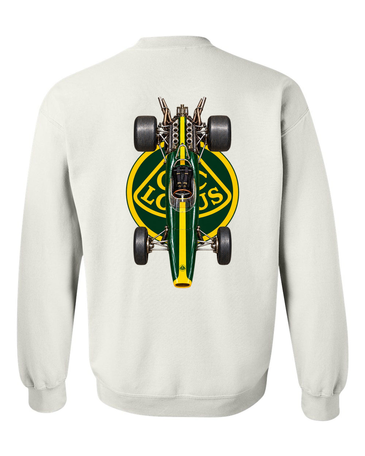 Lotus 49 1967 Formula 1 overhead poster artwork white crewneck back view with the design
