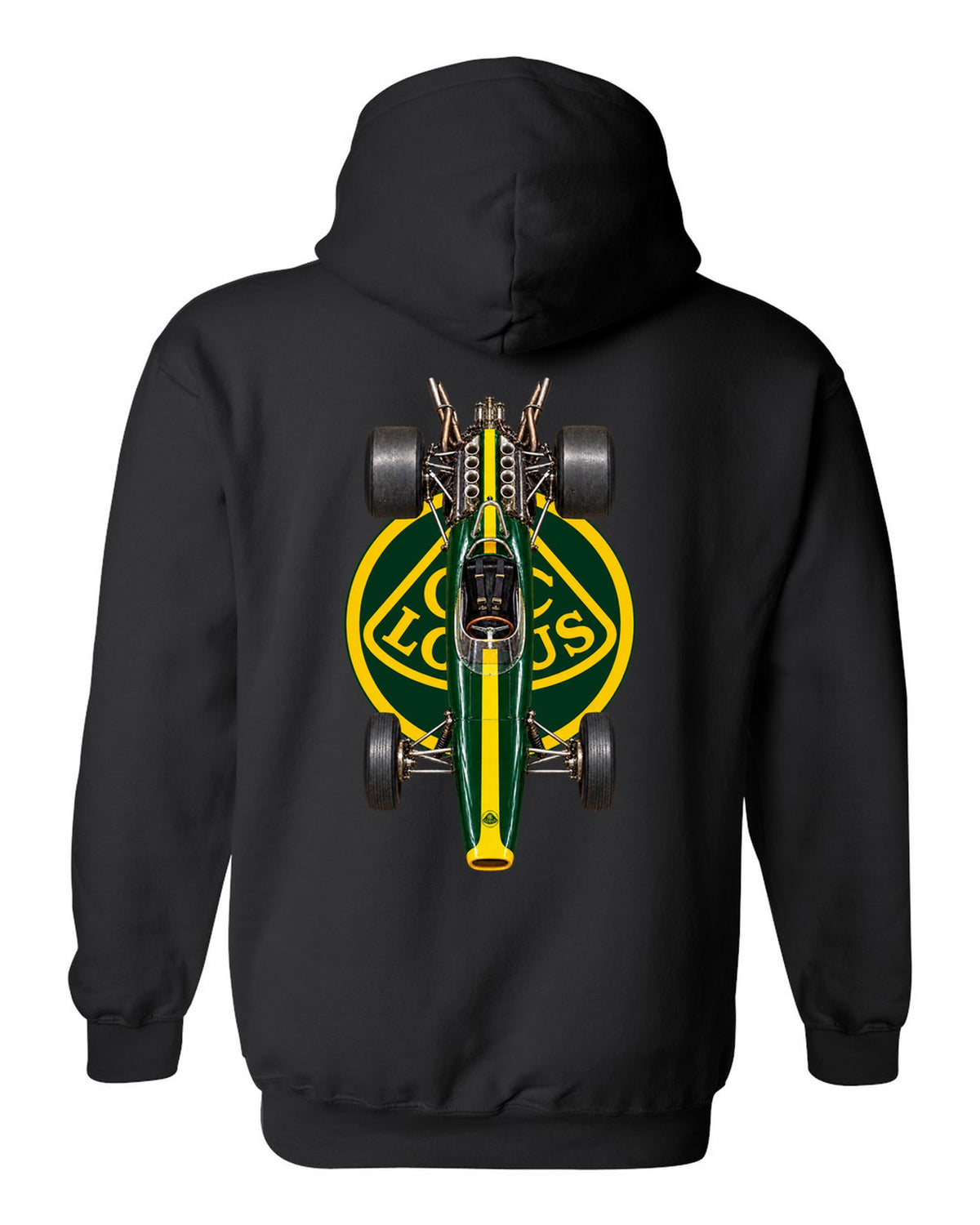 Lotus 49 1967 Formula 1 overhead poster artwork black pull over hoodie back view with the design
