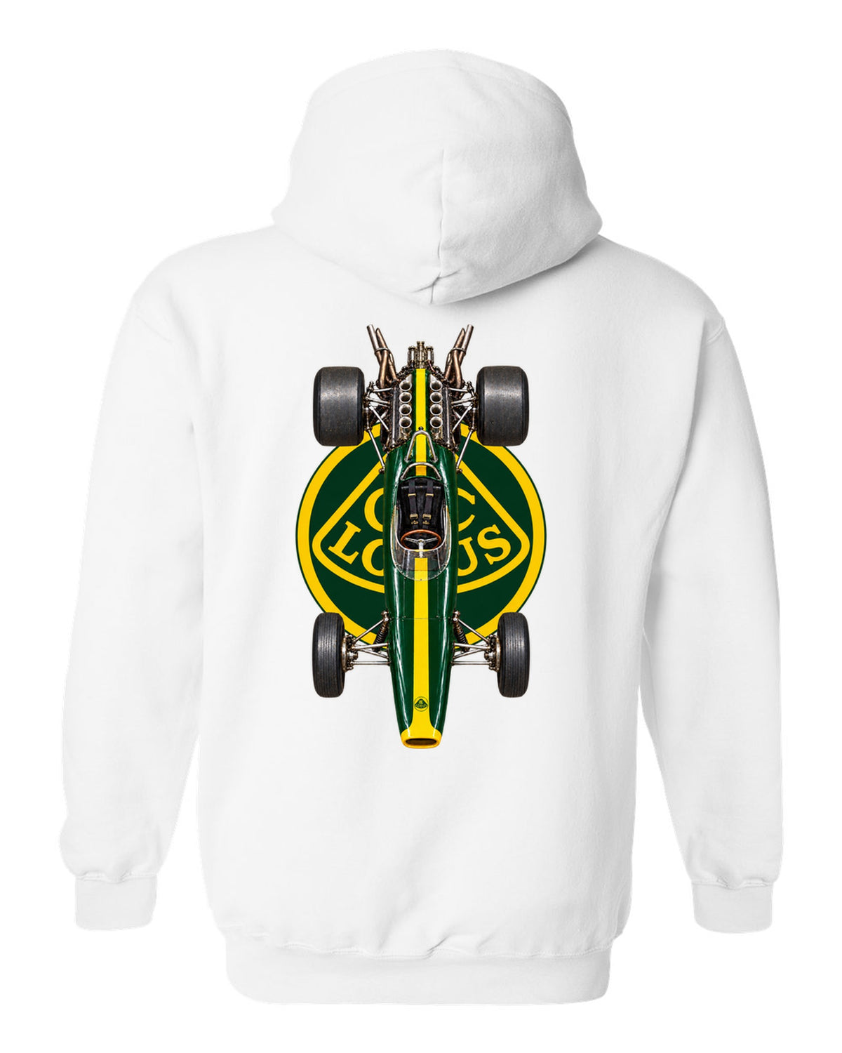 Lotus 49 1967 Formula 1 overhead poster artwork white pull over hoodie back view with the design